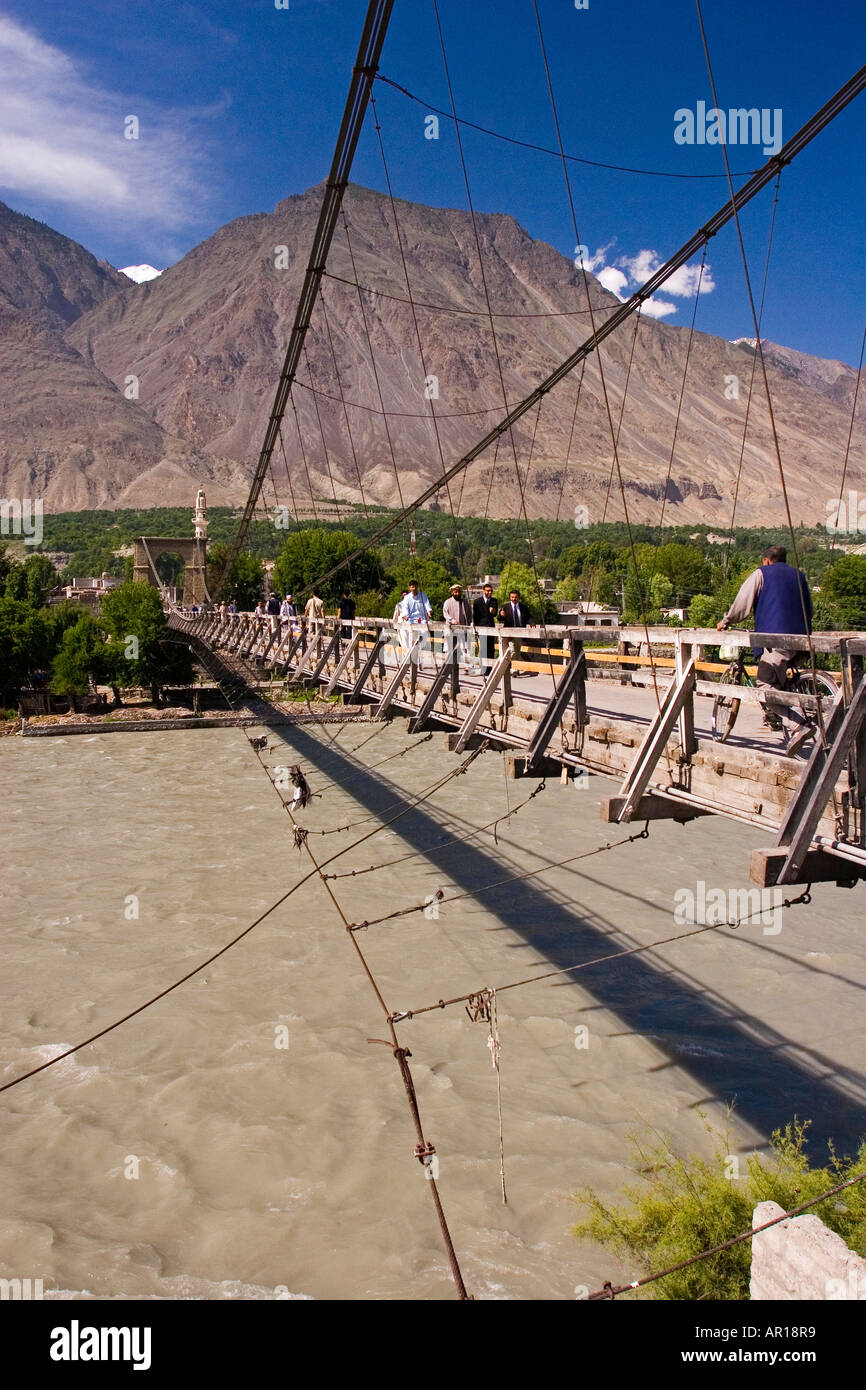 Suspension bridge over Hunza River in Gilgit Gilgit Pakistan Stock