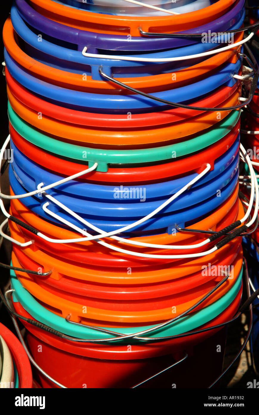 Plastic buckets for sale in Margao Market Goa India Stock Photo Alamy