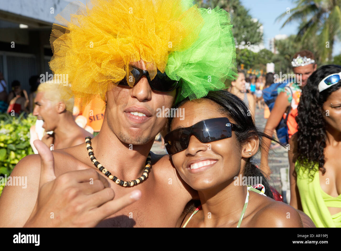 Couple smiling at street carnival in Ipanema Rio De Janeiro Brazil Stock Photo