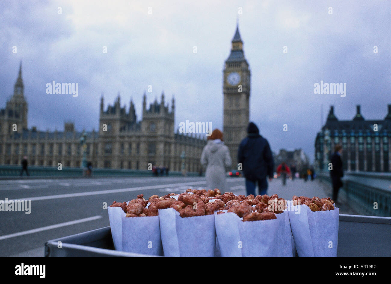 bags of roasted nuts on Westminster Bridge, London, England Stock Photo