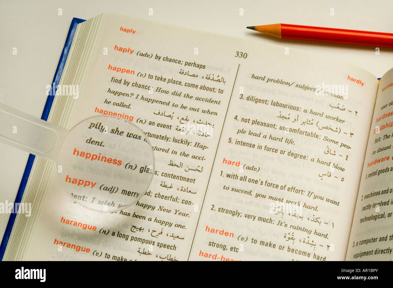 Magnifier on dictionary, closeup, elevated view Stock Photo Alamy