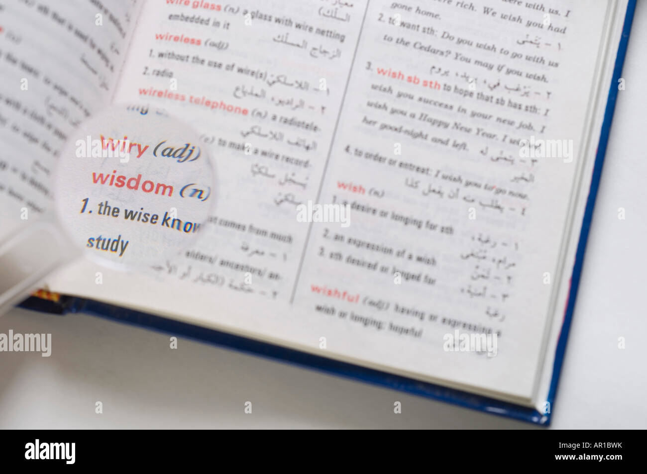 Magnifier on dictionary, closeup, elevated view Stock Photo Alamy