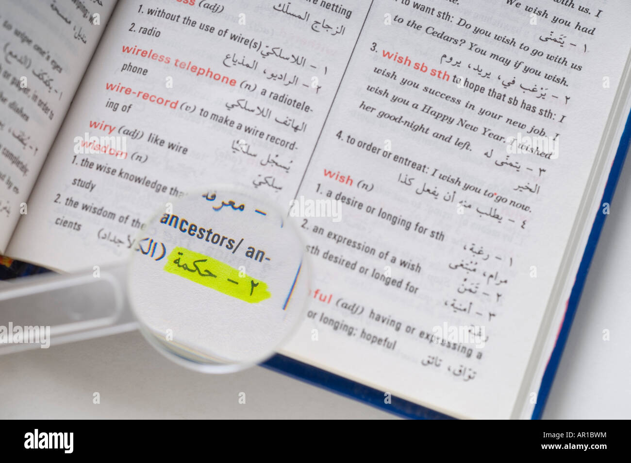 Magnifier on dictionary, closeup, elevated view Stock Photo Alamy