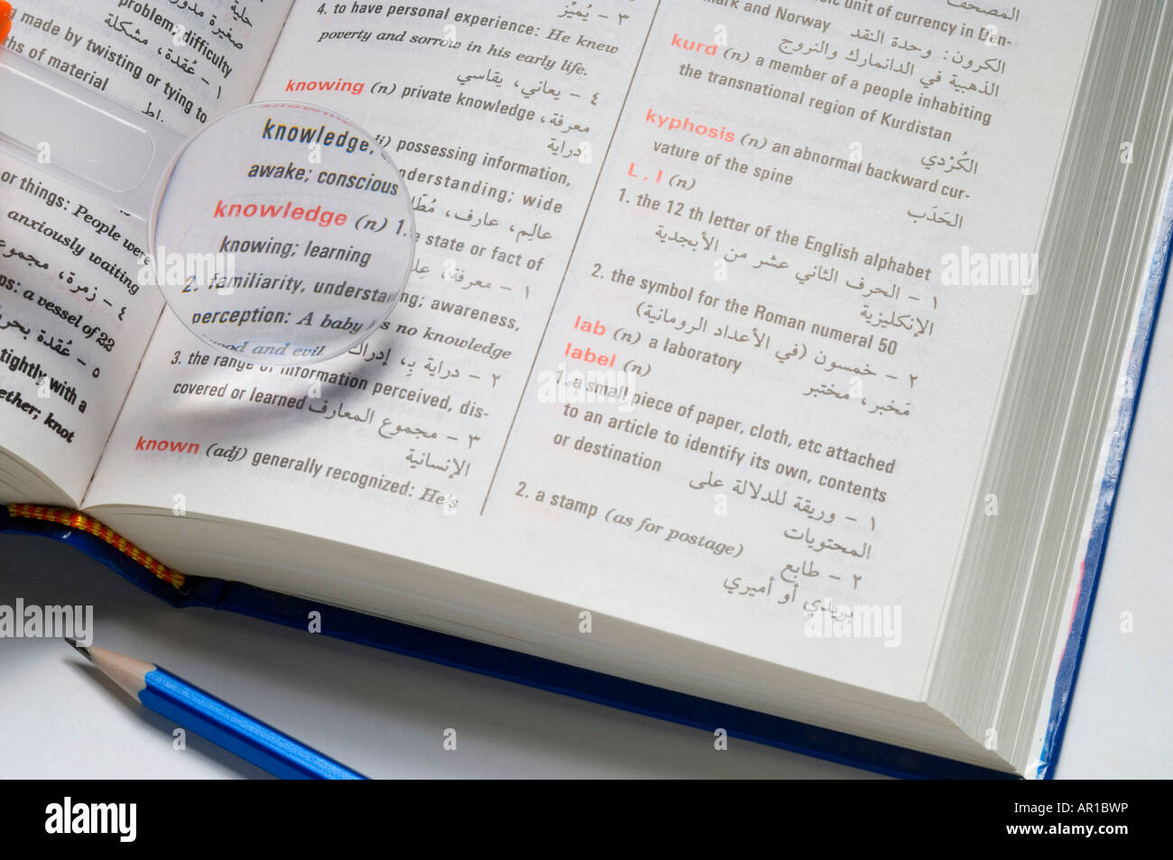 Magnifier on dictionary, closeup, elevated view Stock Photo Alamy