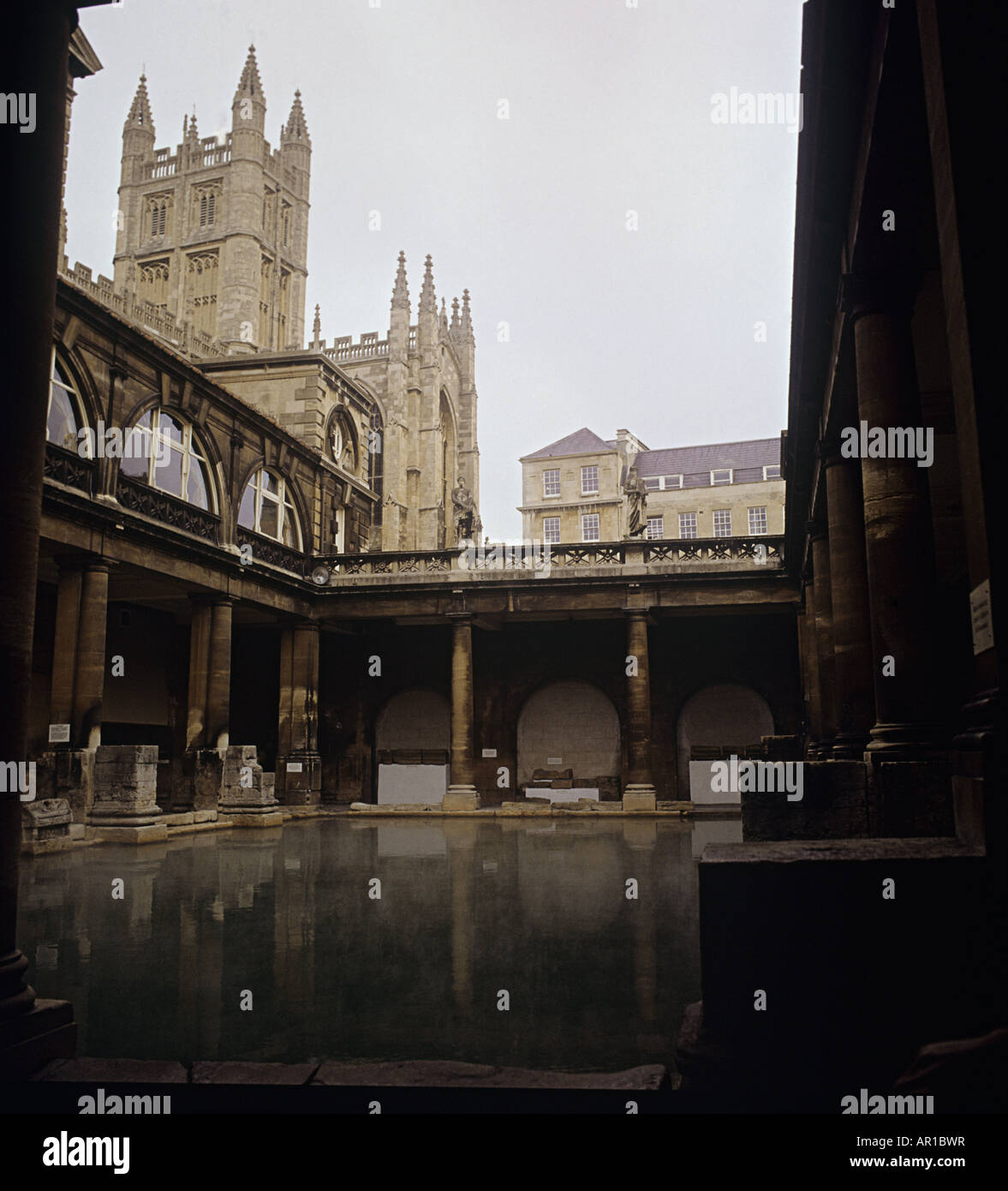 The Roman Bath, England,Standing before BathCathedral.This is a pool, lined with 45 sheets of lead and filled with hot spa water Stock Photo