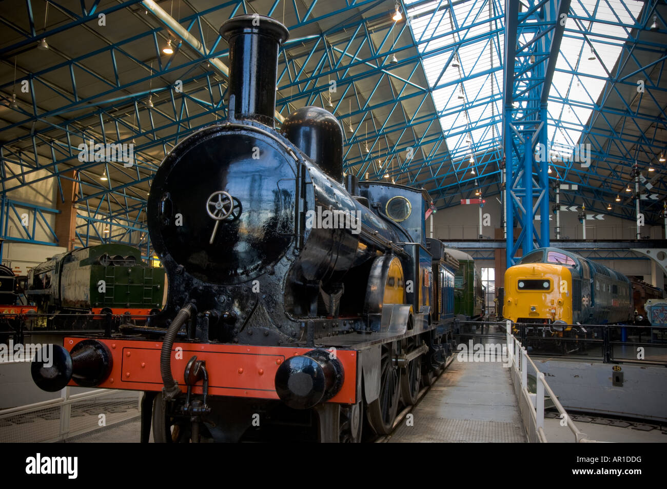 Front view of 2-4-0 No 790 'Hardwicke' steam locomotive on display at the National Railway Museum in York Stock Photo