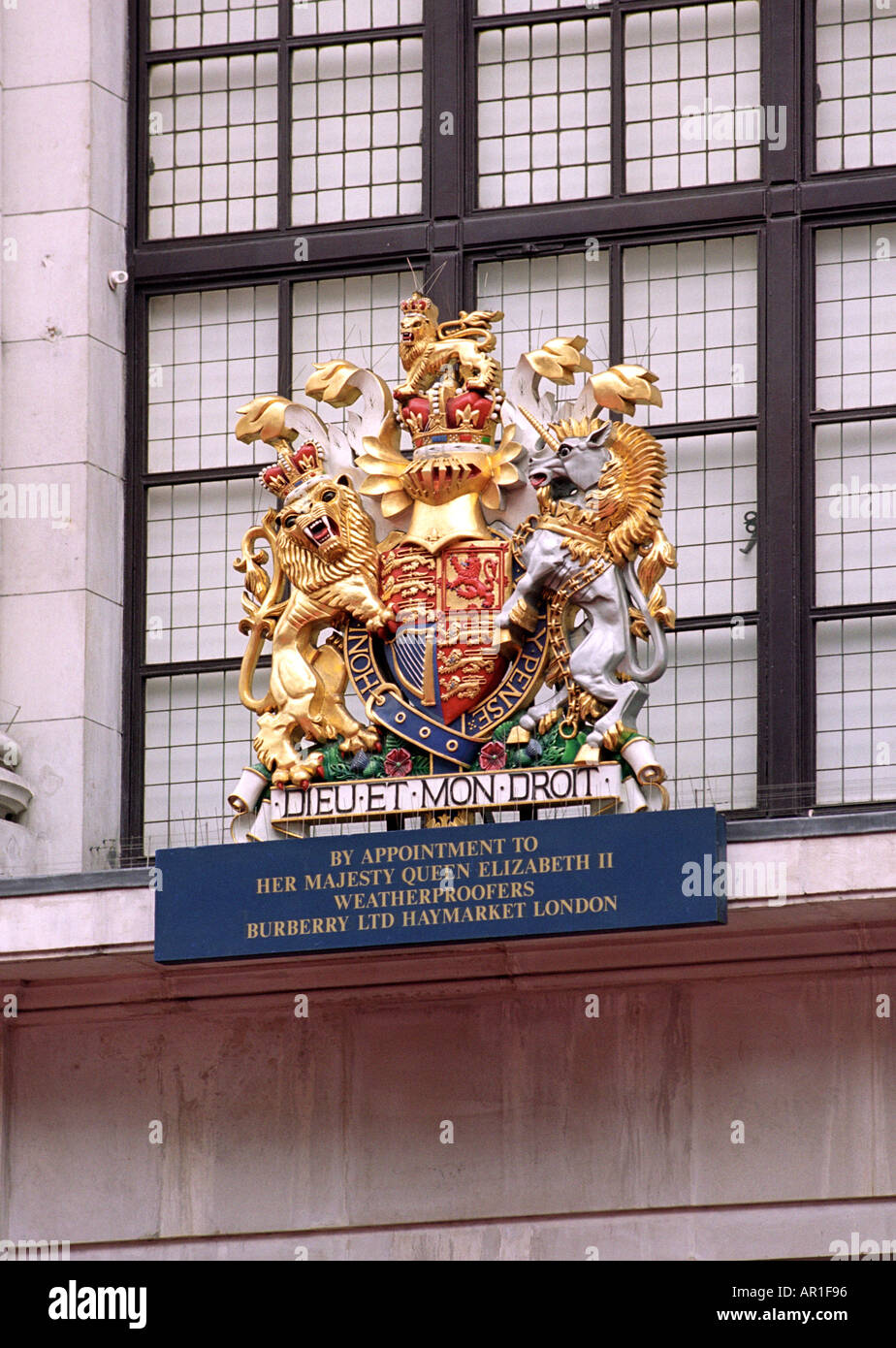 Crest of Queen Elizabeth II on the exterior of Burberry Store in London England UK Stock Photo