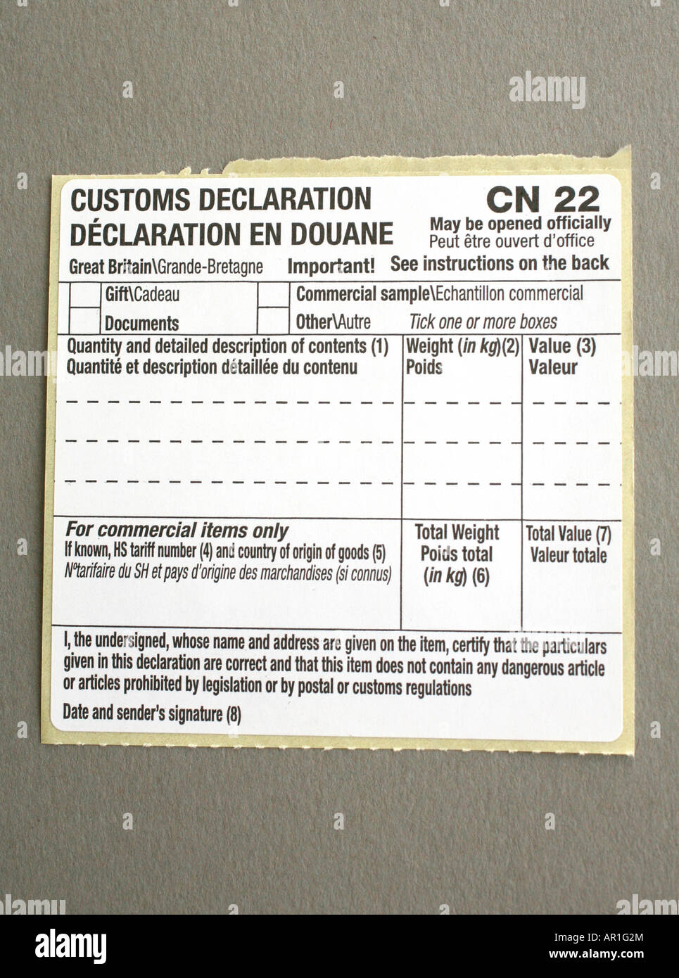 UK Customs postage label sticker Stock Photo Alamy