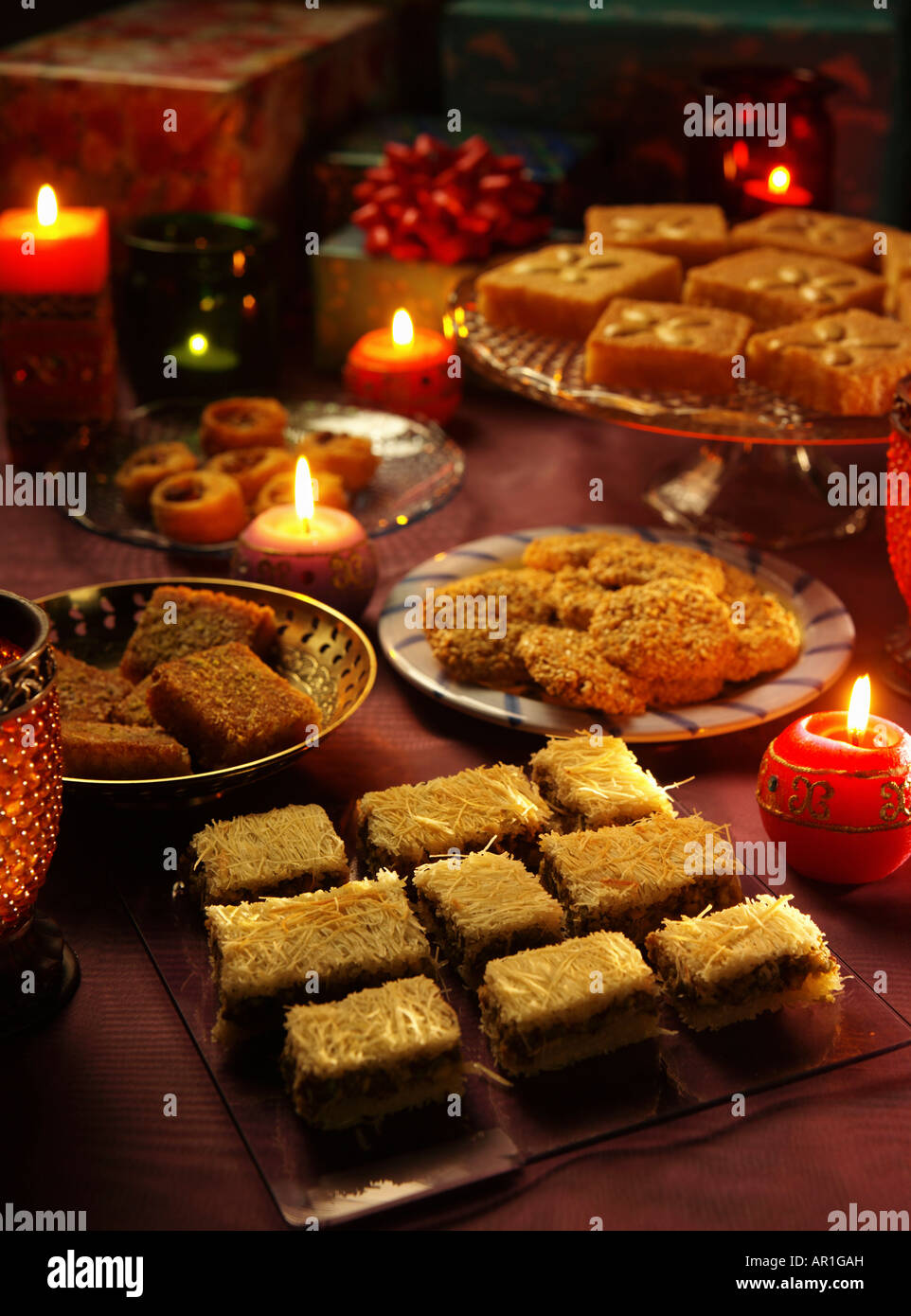Assorted Arabic Sweets Konafa, Semolina Cake, Sesame Seed Brittle