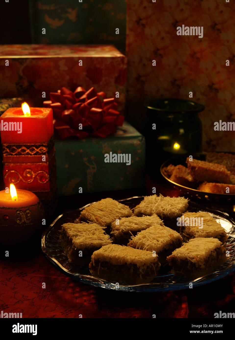 Assorted Arabic Sweets Konafa, Semolina Cake, Sesame Seed Brittle