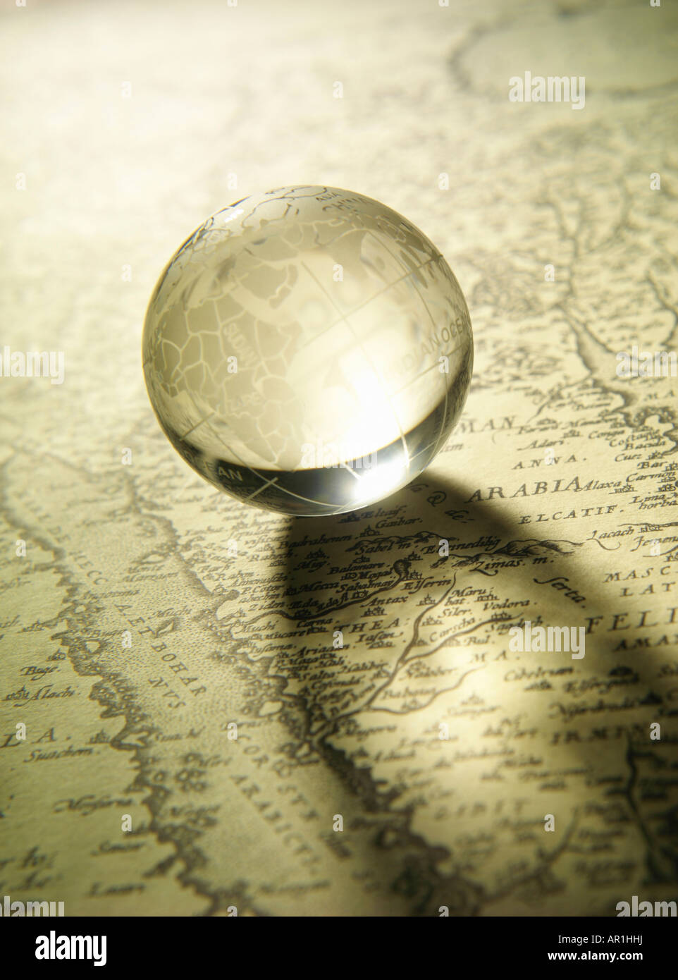 Transparent globe and location map Stock Photo