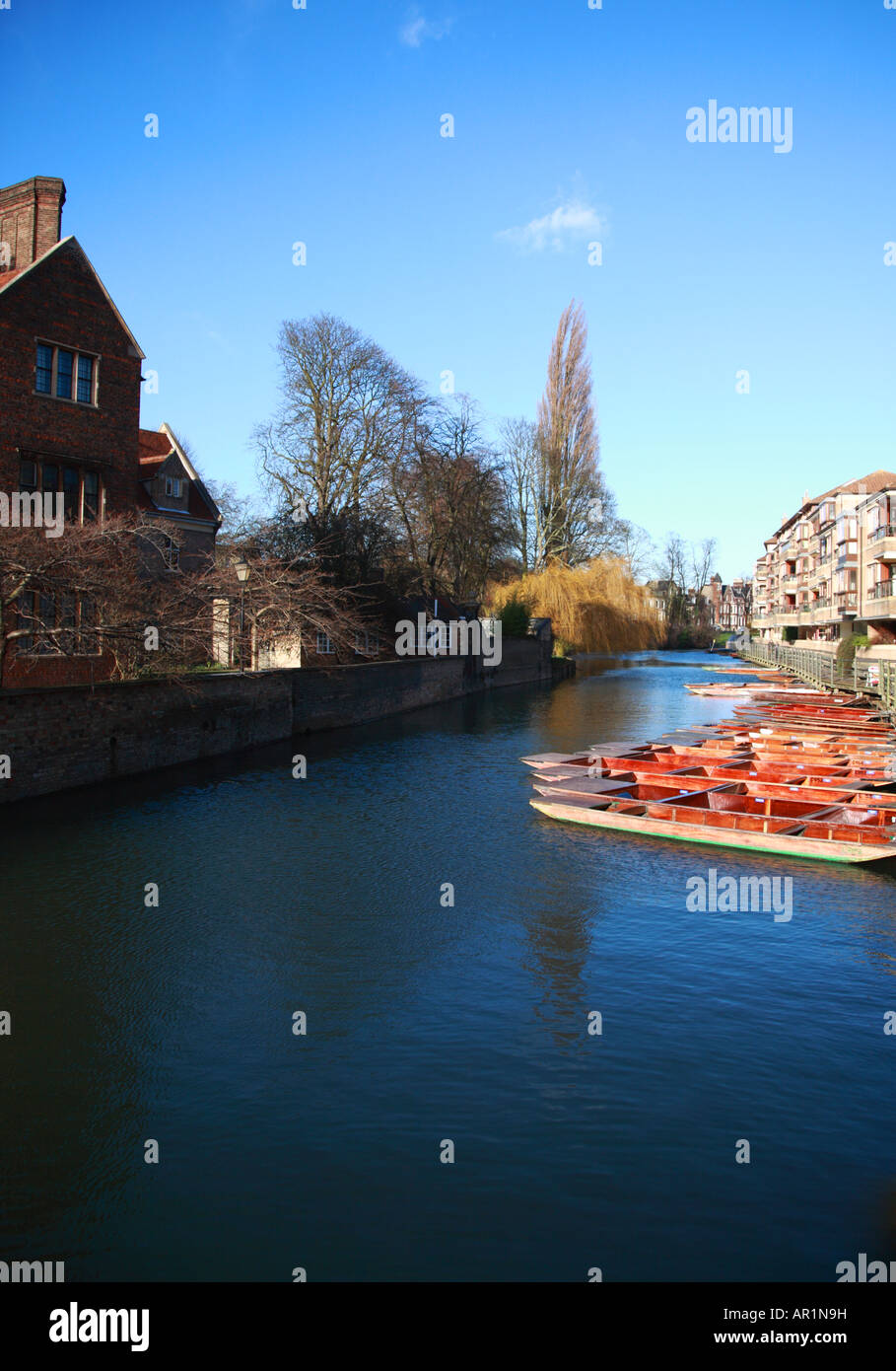 View of the River Cam and Punts from Quayside, Cambridge Stock Photo