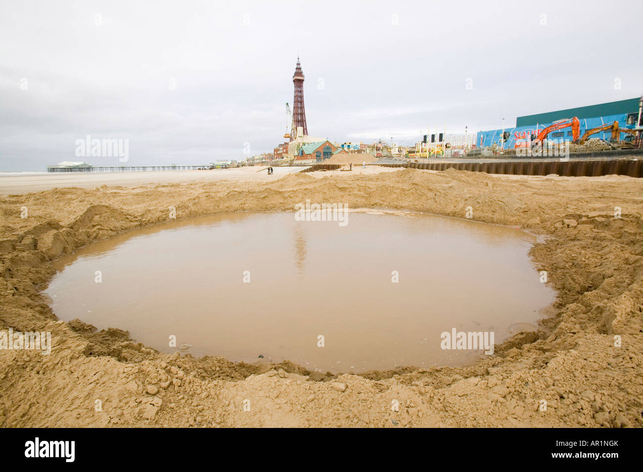 Building new sea wall flood defences in Blackpool to protect the town from climate change induced sea level rise Stock Photo