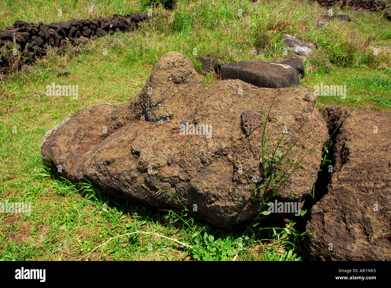 Chile Easter Island Ahu Riata fallen moai statue stone head broken neck Stock Photo