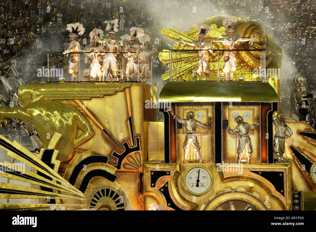 Carnival crowds watching carnival parade and floats in Sambadrome Rio
