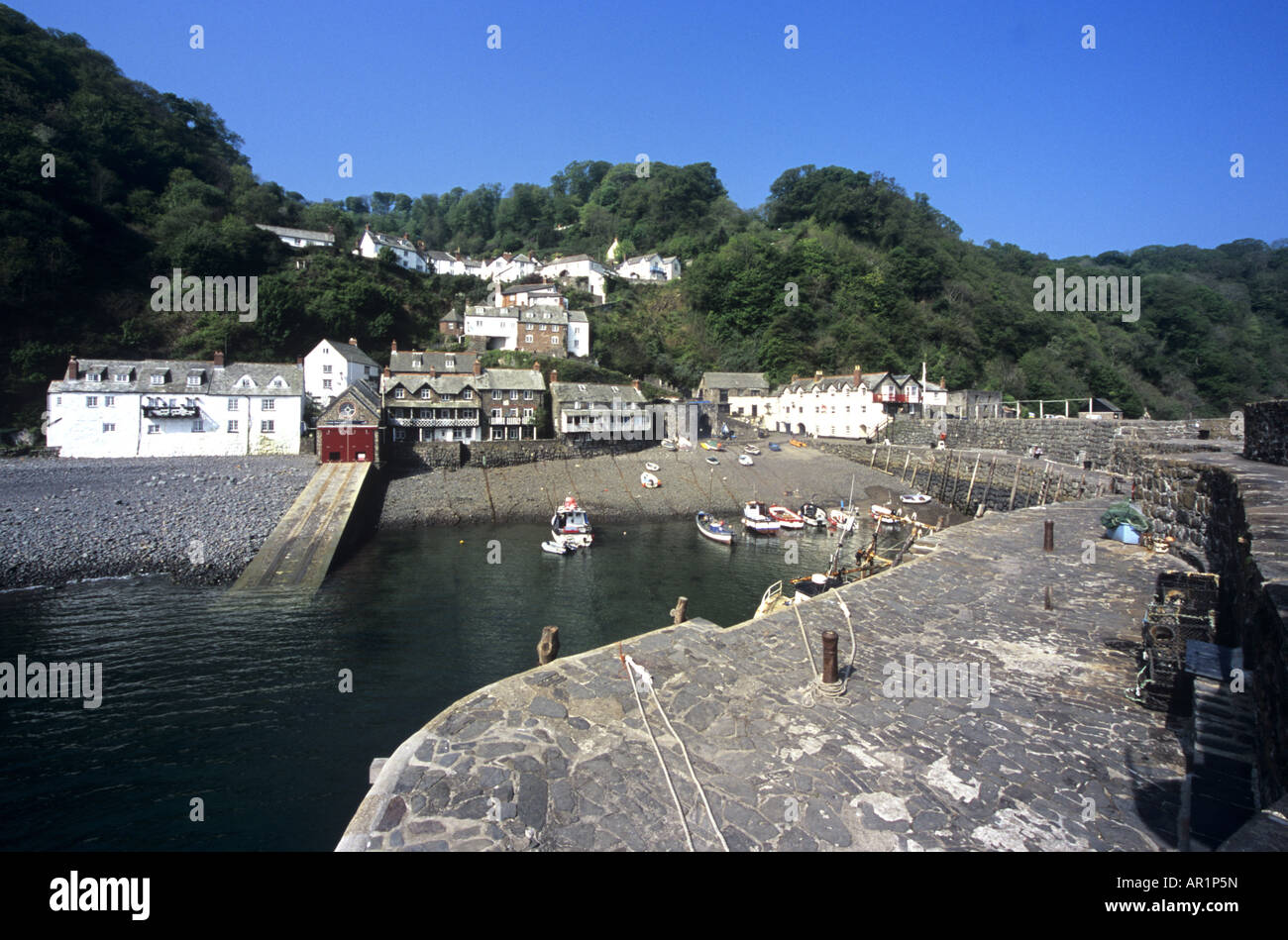 View of Clovelly and its Harbour from the Sea Wall (09). Stock Photo