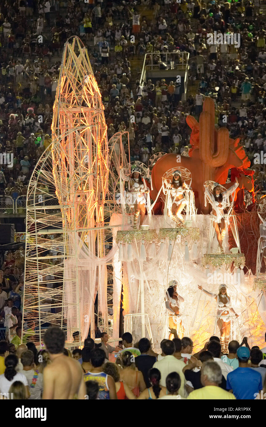 Carnival crowds watching carnival parade and floats in Sambadrome Rio
