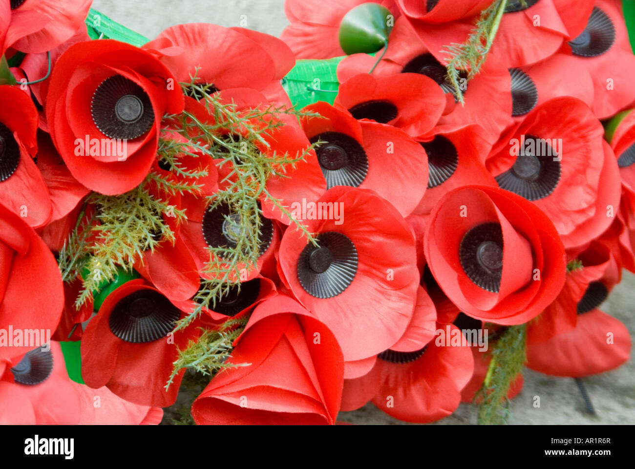 Horizontal close up of a wreath of artificial bright red poppies laid at a monument for Rememberance Day. Stock Photo