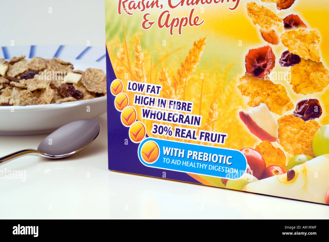 Whole grain prebiotic breakfast cereal health packaging Stock Photo