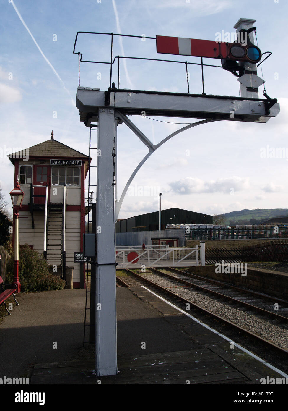 railway raised victorian signal box line post Stock Photo