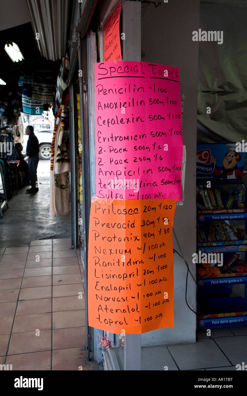 Price list at Mexican pharmacy where Americans frequently buy cheap prescription medicines Stock Photo