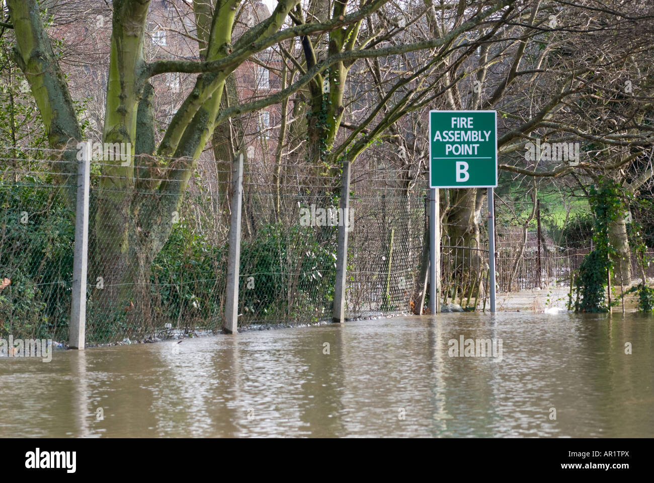 a-fire-assembly-point-sign-surrounded-by-flood-water-stock-photo-alamy
