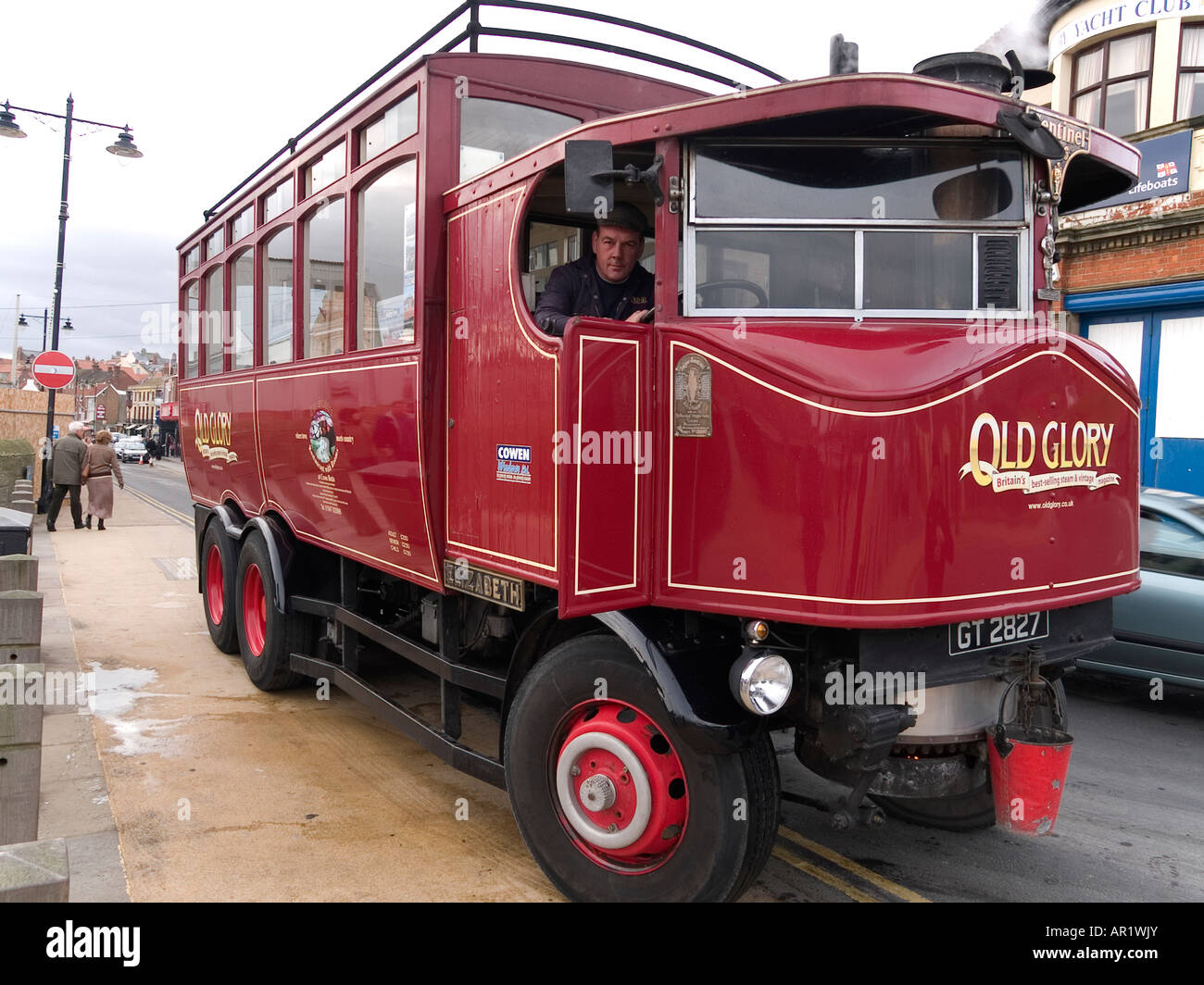 A 1931 Sentinel DC6 steam driven commercial vehicle now with a charabanc body for tourist trips at Whitby North Yorkshire Stock Photo