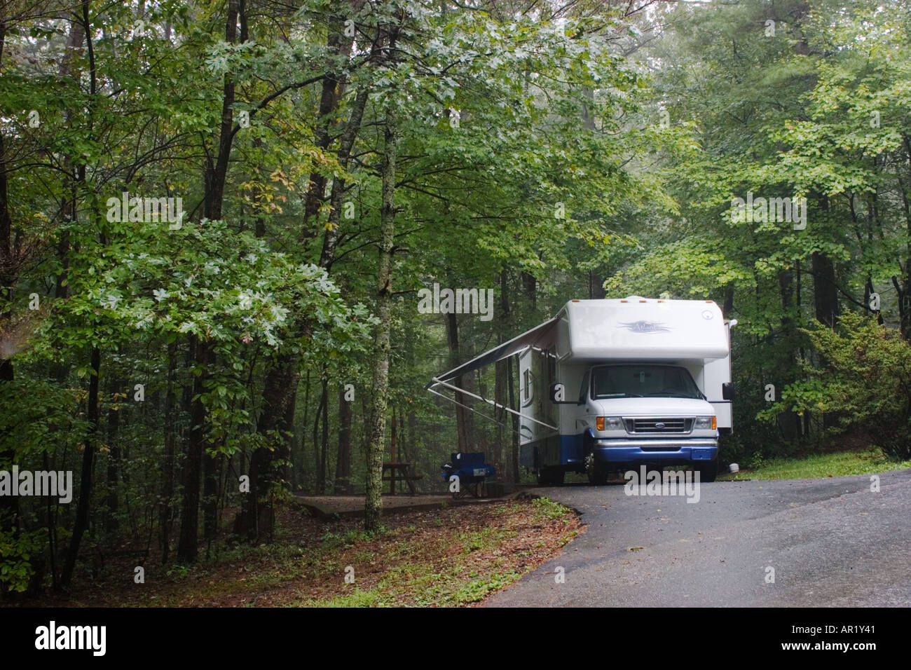 Motorhome campervan parked and set up for camping at the Unicoi State
