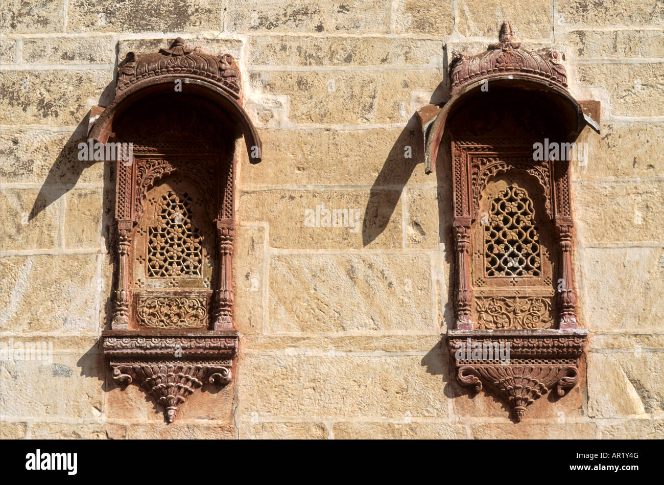 A Jain temple facade with jutty, Jaisalmer IN Stock Photo