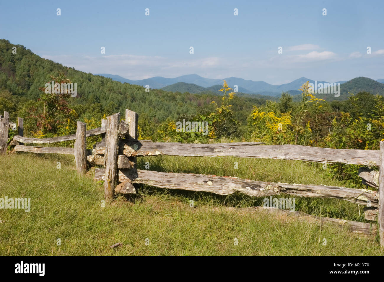 Scenic view of Blue Ridge Mountains behind split rail fence at scenic