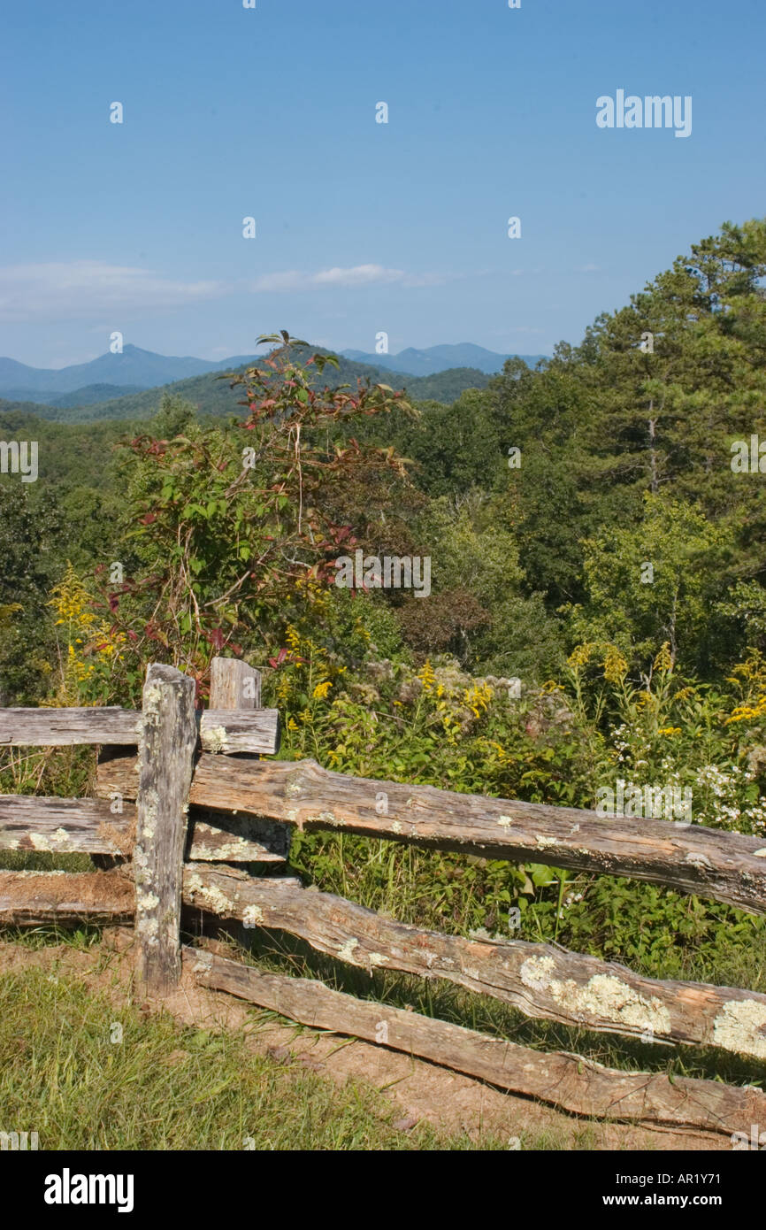 Scenic view of Blue Ridge Mountains behind split rail fence at scenic overlook in north Georgia, USA Stock Photo