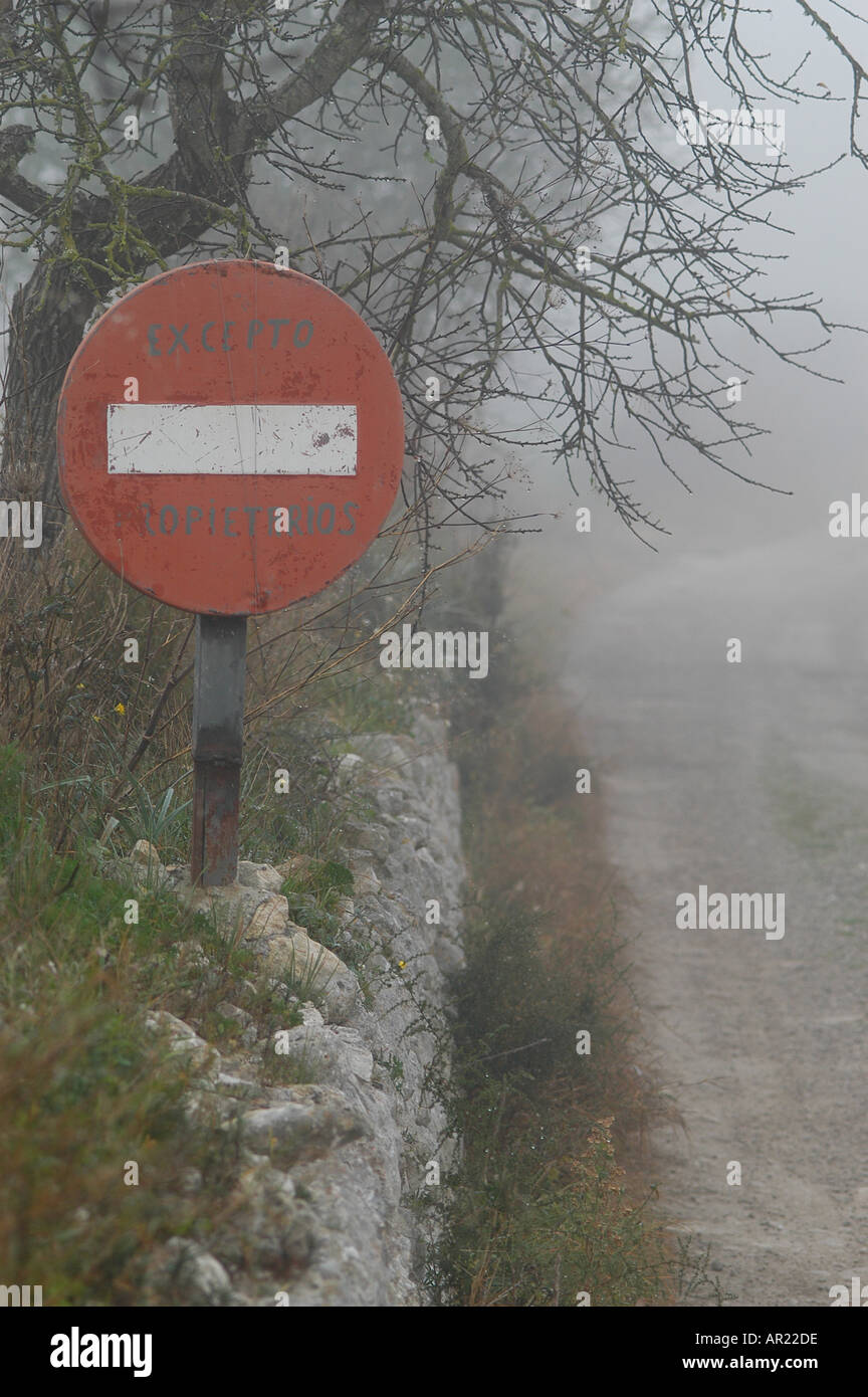 Small rural road Winter in Mallorca Fog Pla Interior of Majorca Spain Europe Mediterranean Stock Photo