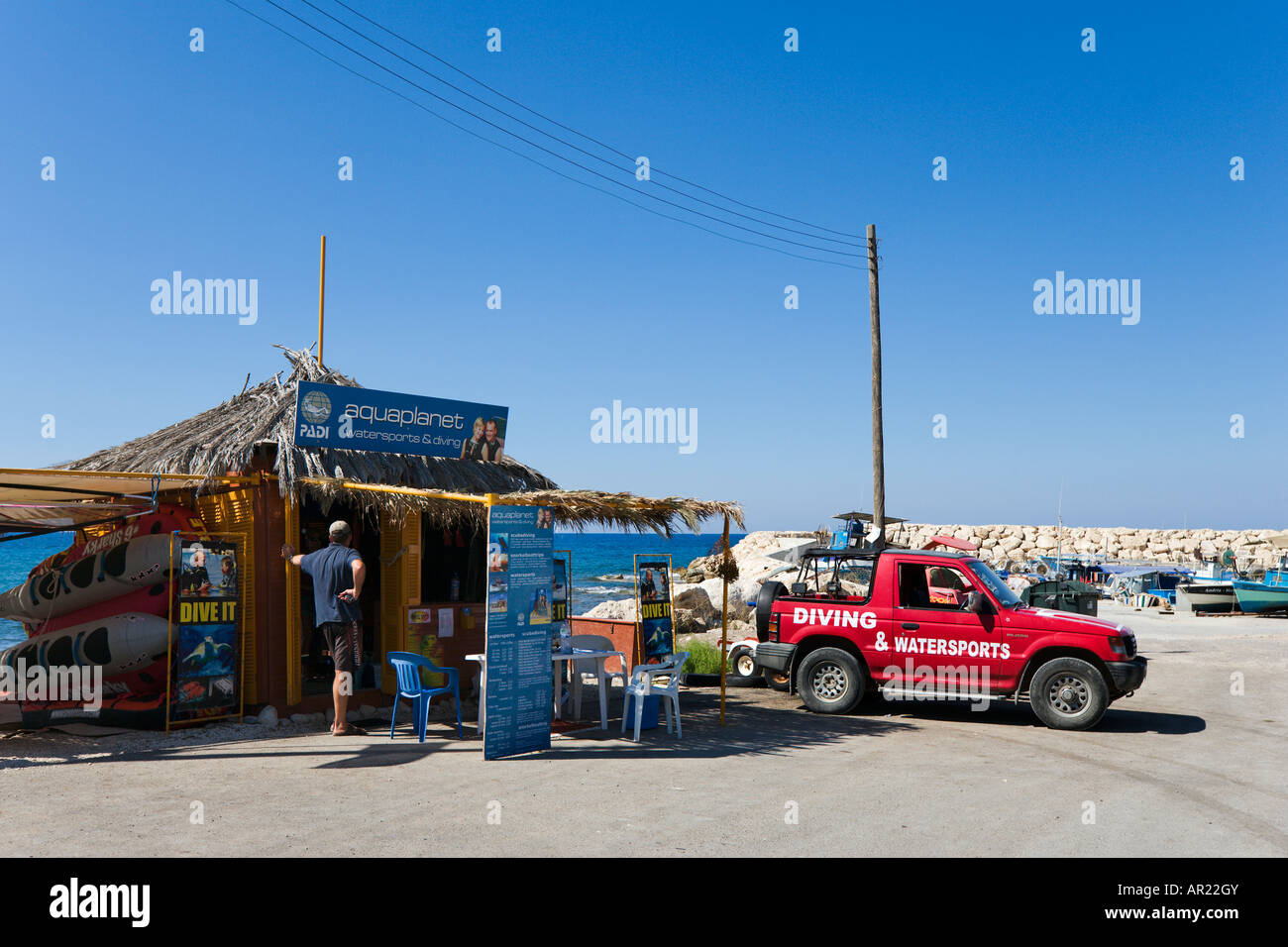 PADI Divng Centre and Watersports in the harbour area, Latchi, near Polis, North West Coast, Cyprus Stock Photo