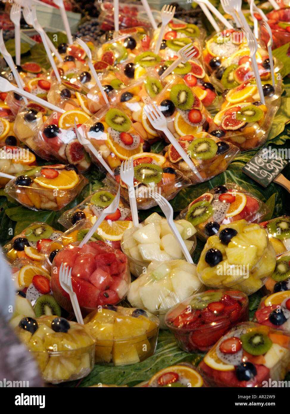 Fresh cut fruit display at the Mercat de la Boqueria Barcelona Stock Photo
