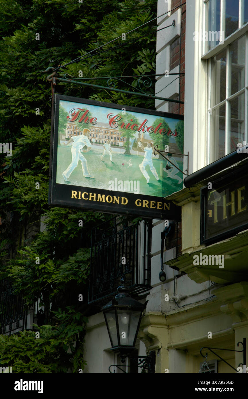 The Cricketers pub sign next to Richmond Green Richmond upon Thames Surrey England Stock Photo