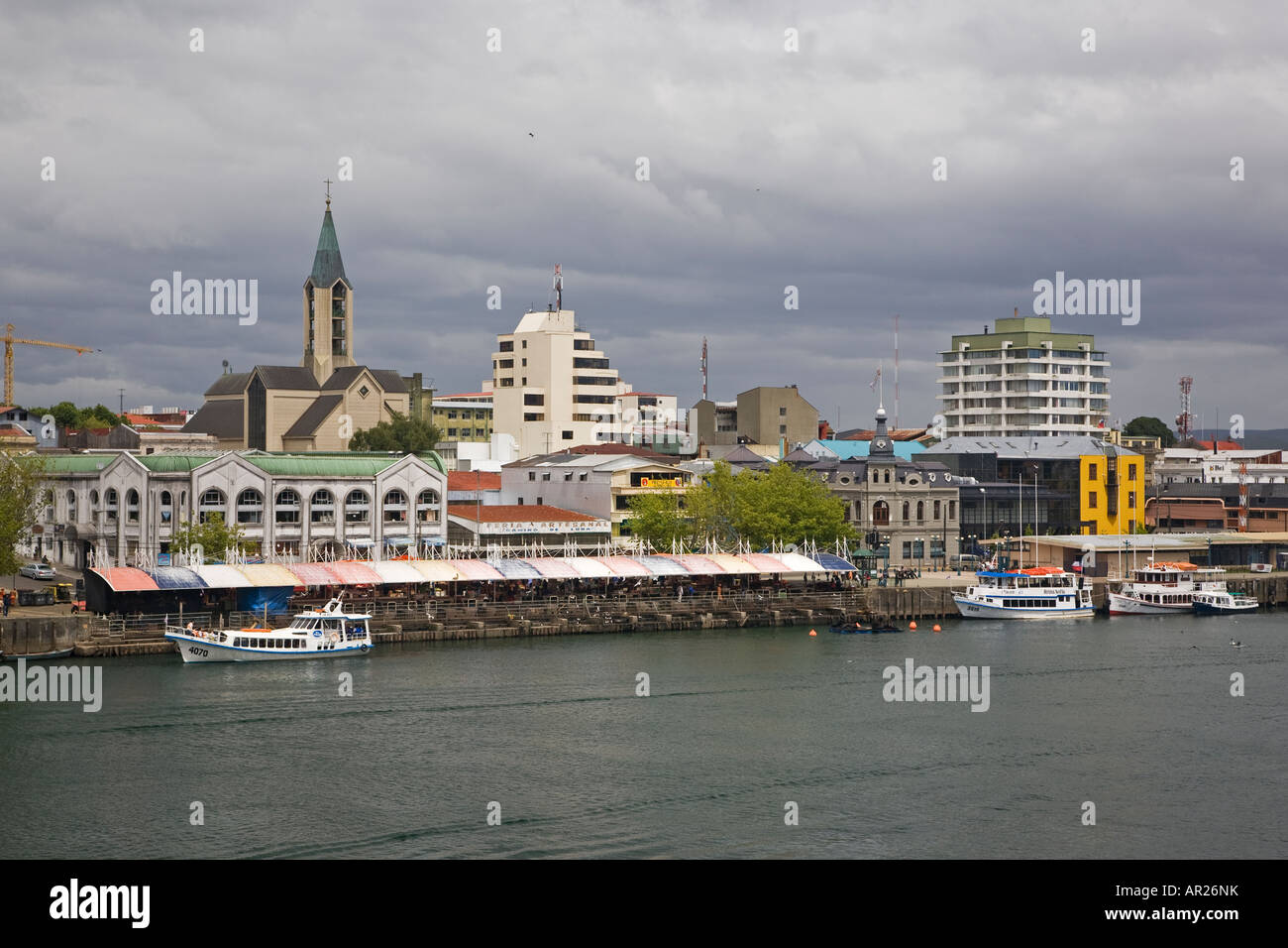 Valdivia Chile Waterfront market and skyline Stock Photo