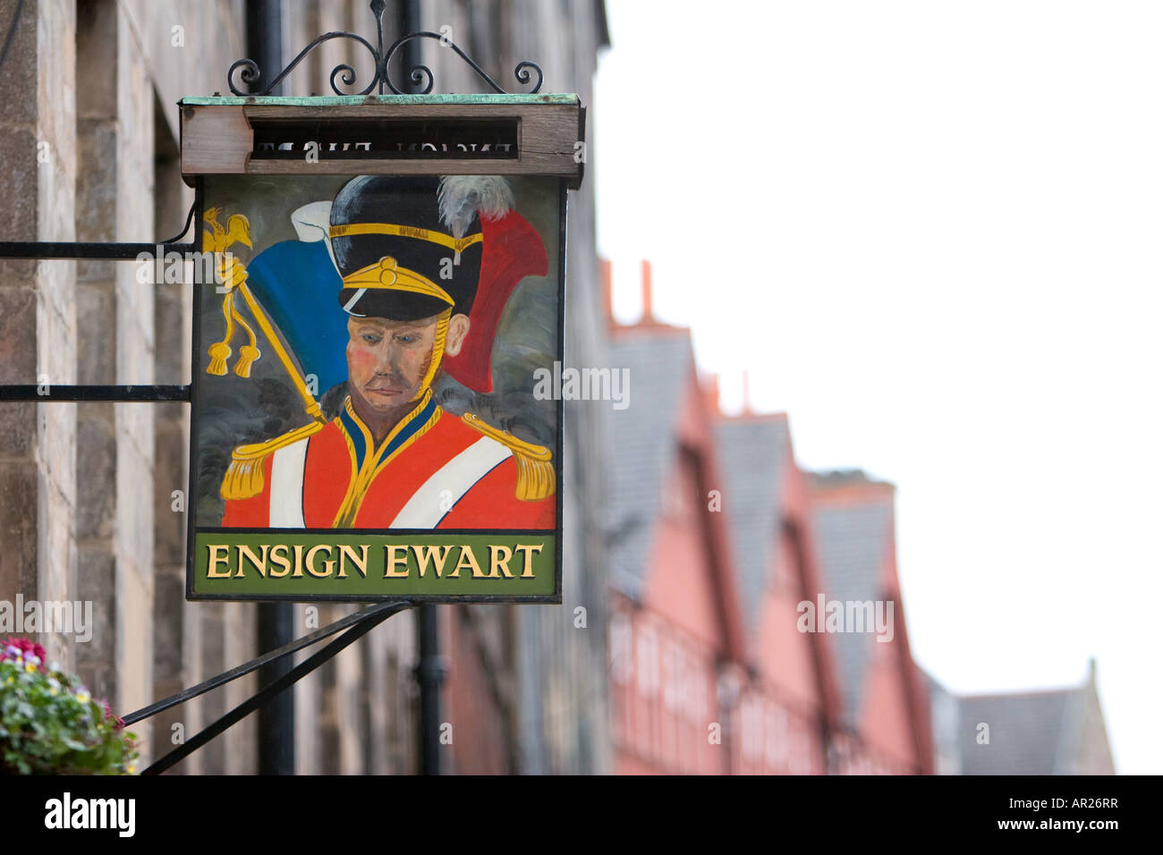 Sign advertising Ensign Ewart's pub in Edinburgh Scotland The Historic Pub by the Castle 12 08 2007 Stock Photo