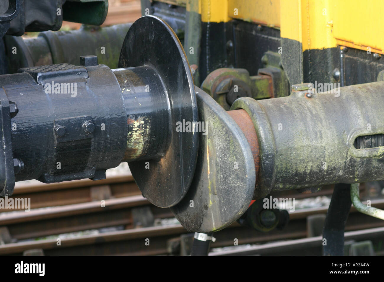 steel new old railway carriage buffers train line Stock Photo