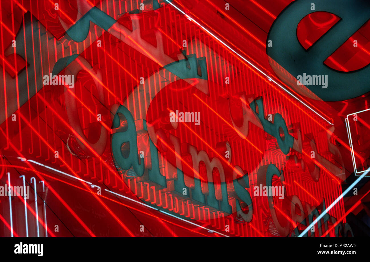 Dubai UAE Neon signs in Al Fahidi Steet electronics area at night Stock