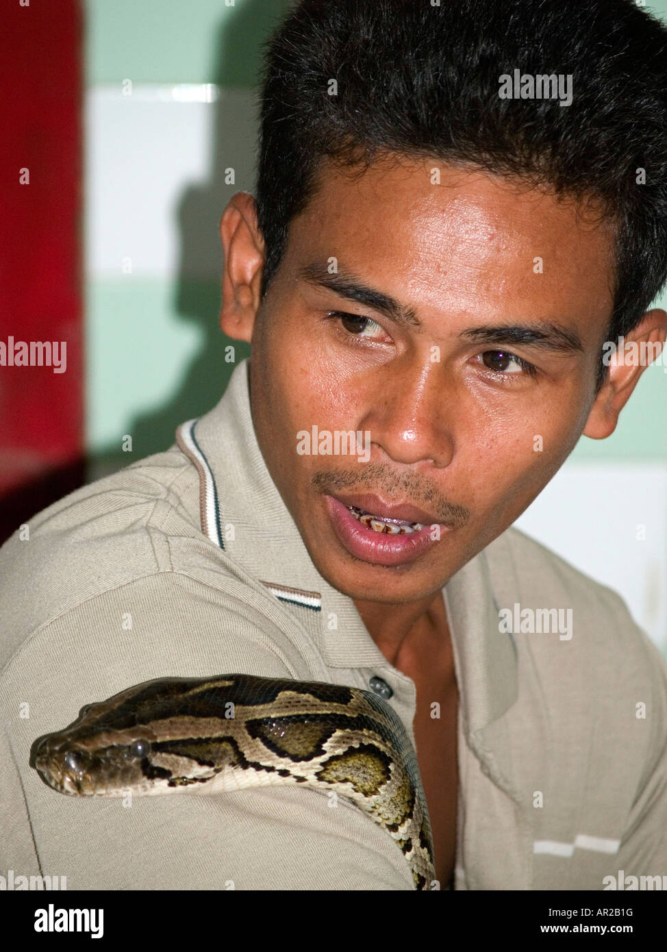 portrait of Burmese python handler at temple in Myanmar Stock Photo - Alamy