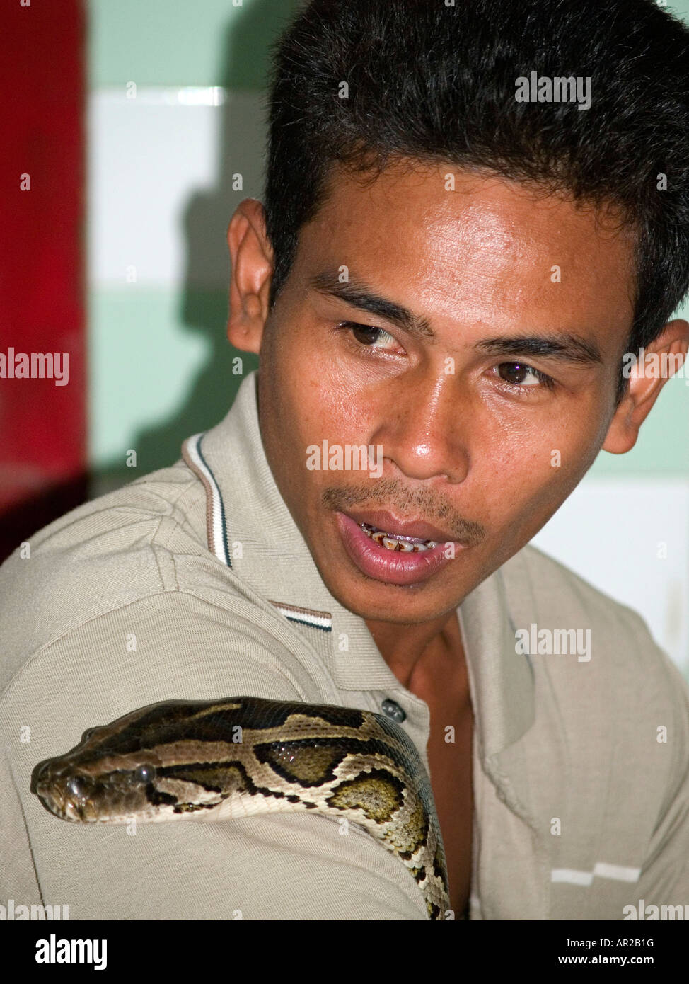 Portrait Of Burmese Python Handler At Temple In Myanmar Stock Photo Alamy