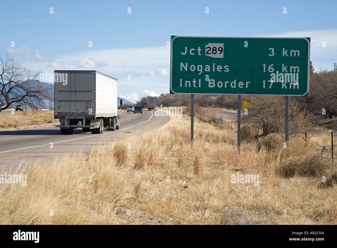 Rio Rico Arizona Road signs along Interstate 19 south of Tucson give distances in kilometers rather than miles Stock Photo