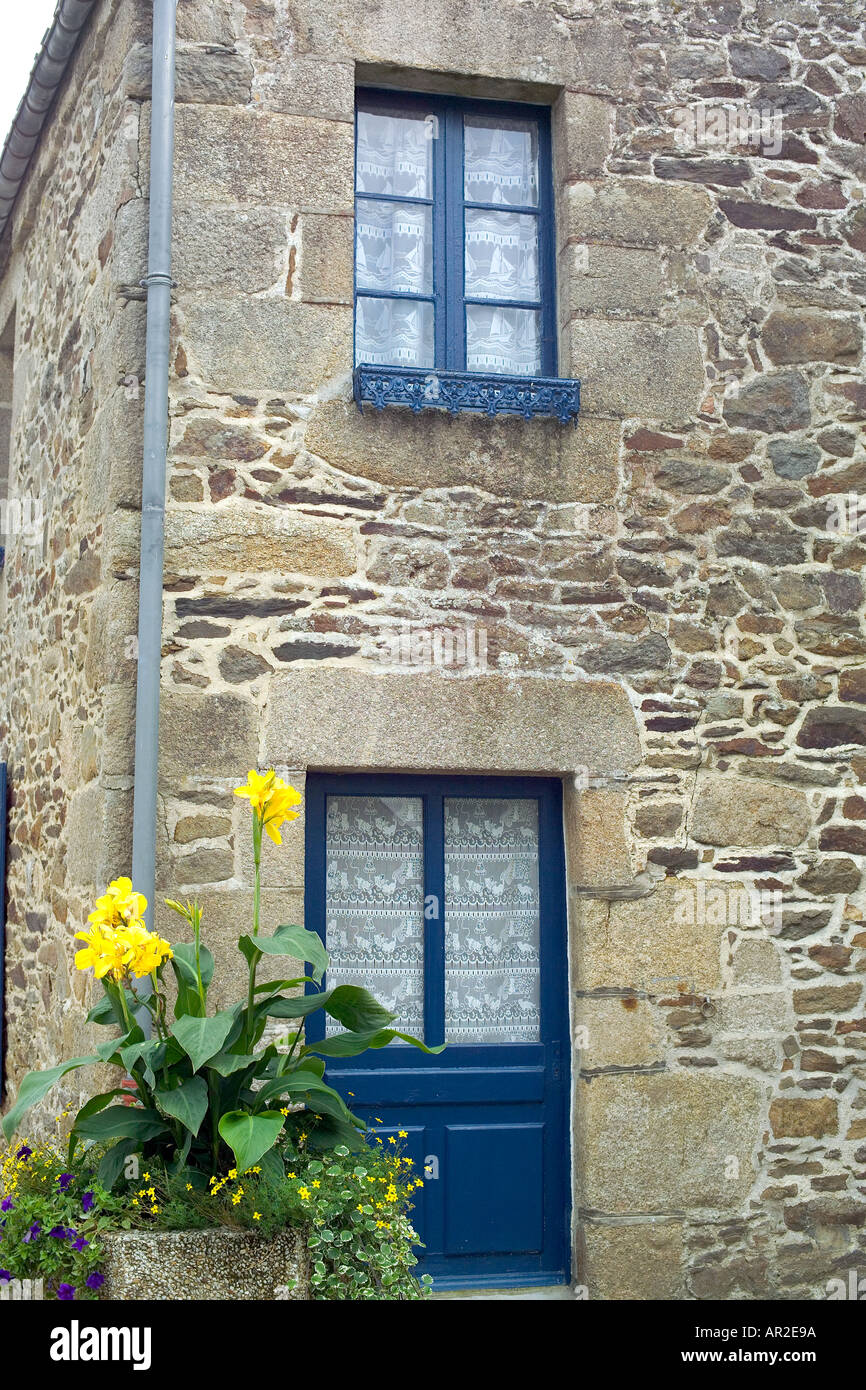 House with blue door and window, Léhon, Brittany, France Stock Photo Alamy