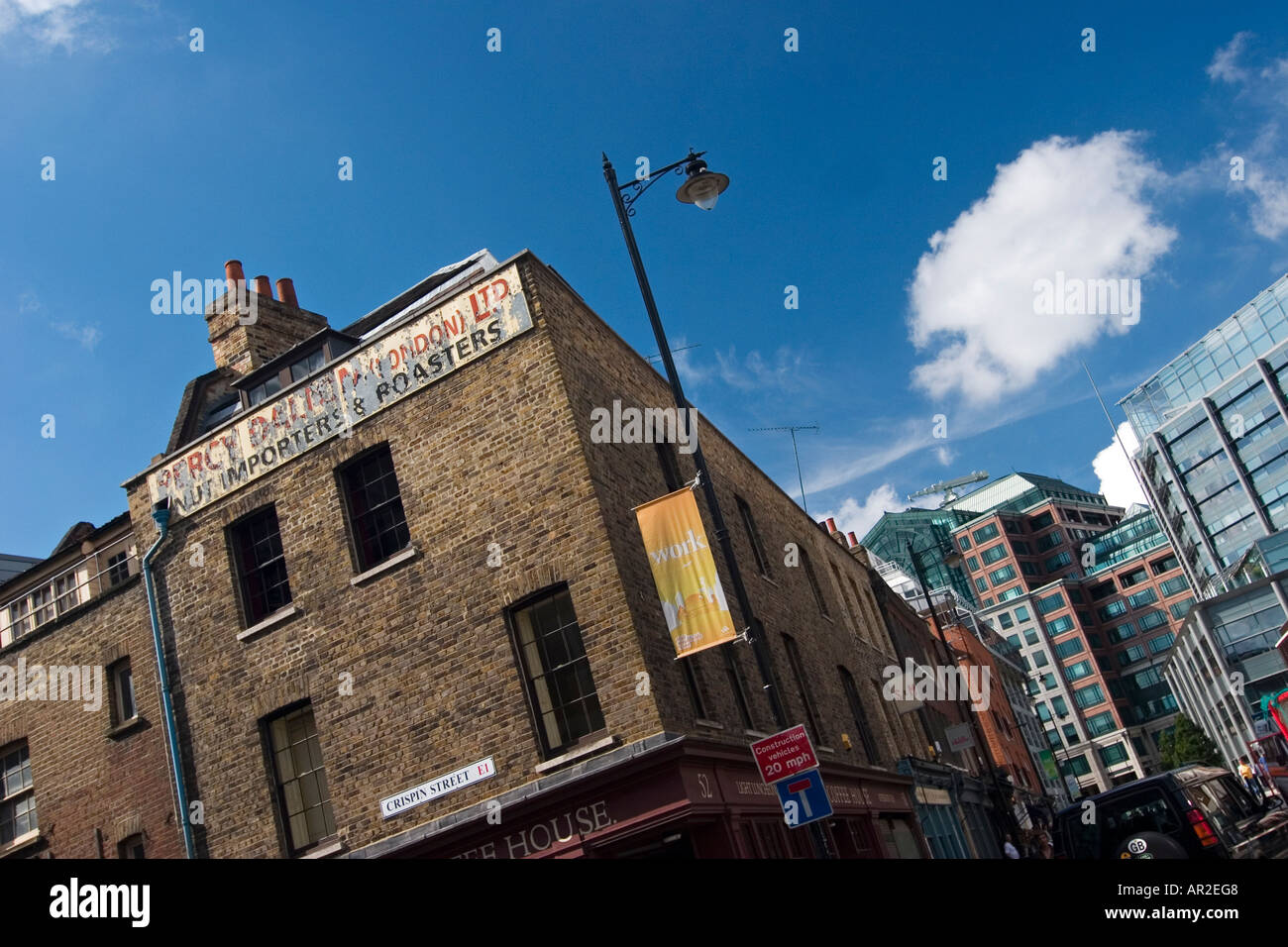 Old meets new Brushfield Street London Old East London facade against backdrop of modern architecture Stock Photo