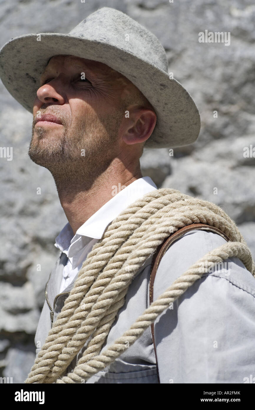 historic mountain climber in traditional clothing, Austria, Gosautal