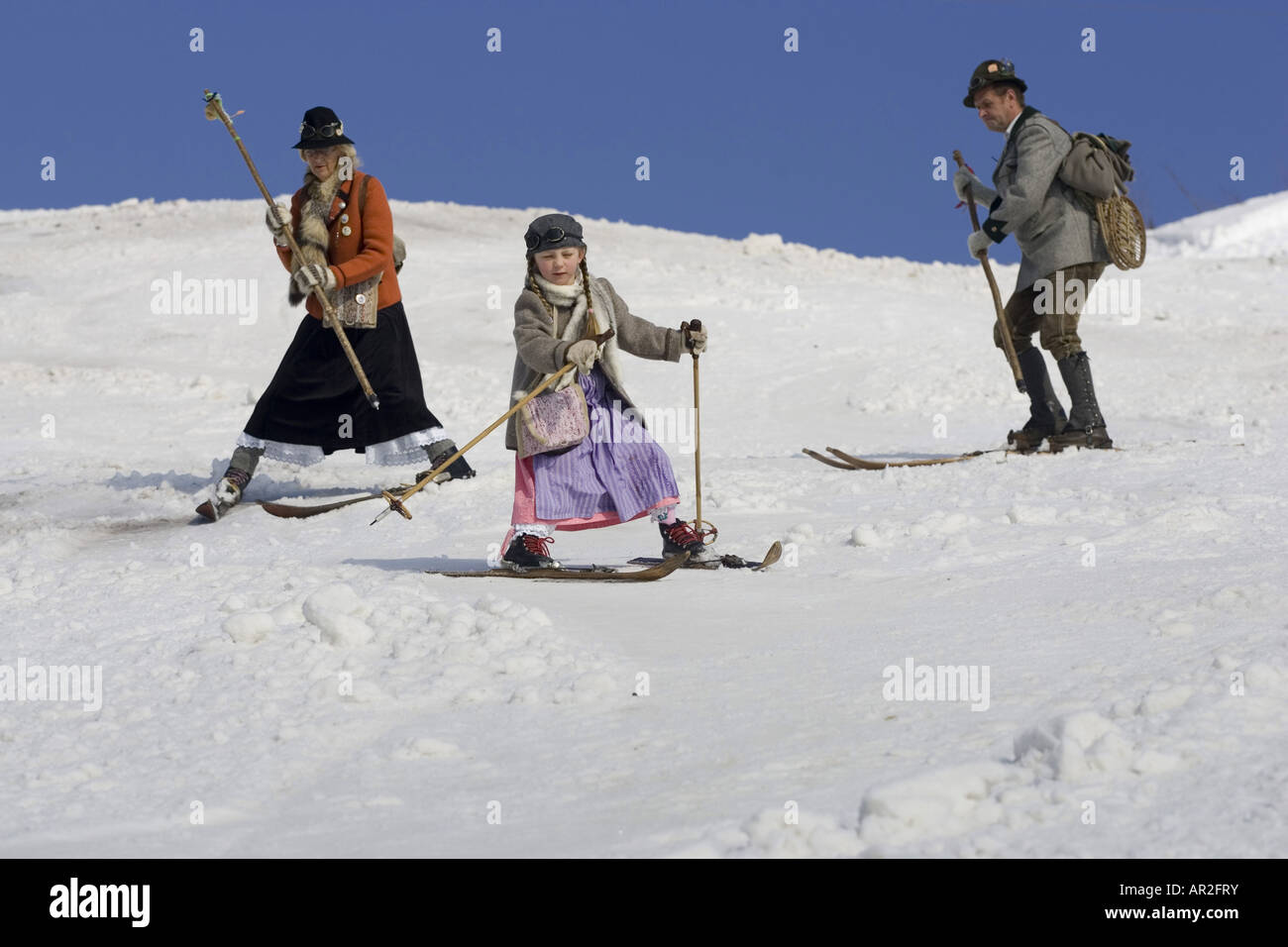 familiy with old-fashioned clothing on a ski trip, Austria Stock Photo
