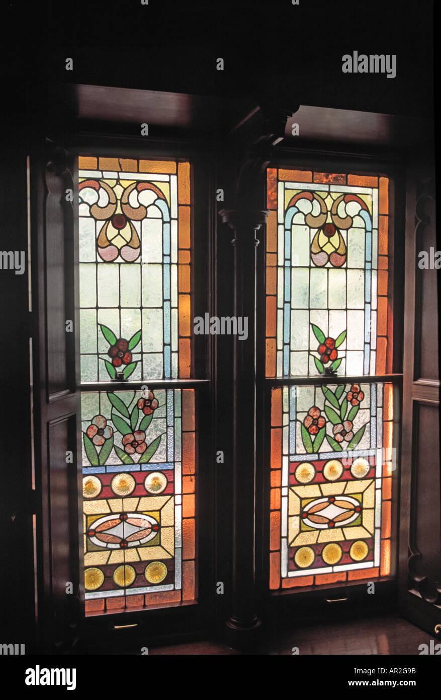 Stained glass windows at Temple Square building. Mormon church, Salt Lake City, Utah, USA. Stock Photo
