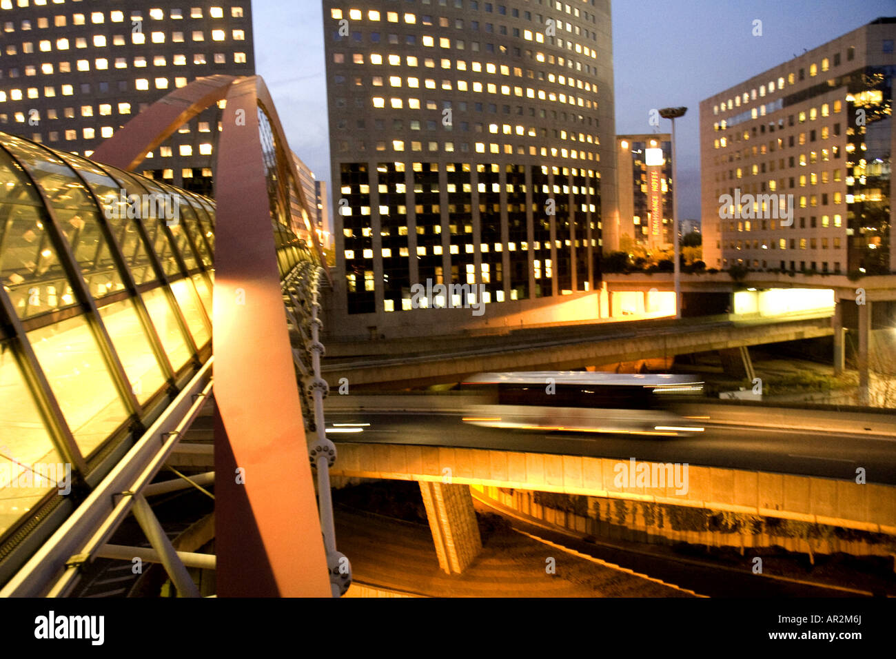 View at the blocks of houses with footbridge in the foreground, France, La Defense, Paris Stock Photo