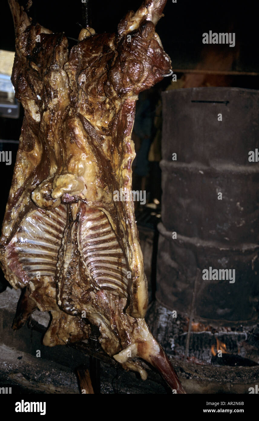 Lamb meat grilled over a barbeque or 'asado,' Torres del Paine National Park, Patagonia, Chile, South America. Stock Photo