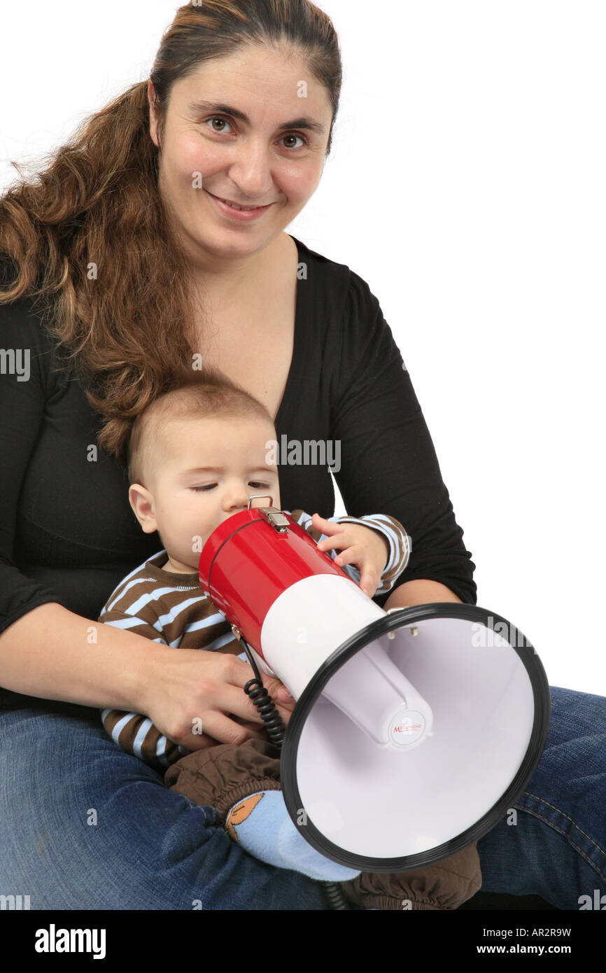 mother and baby with megaphone Stock Photo Alamy
